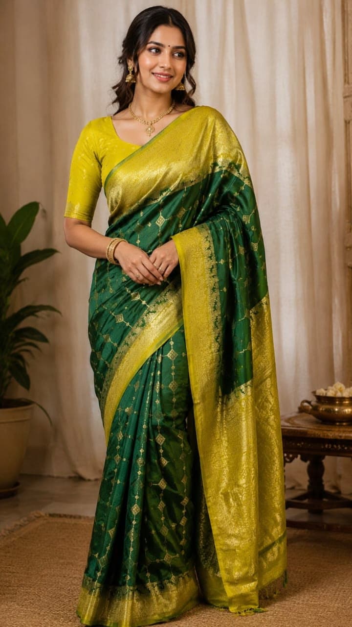 Elegant Emerald Green & Lime Yellow Silk Saree with Rich Gold Zari