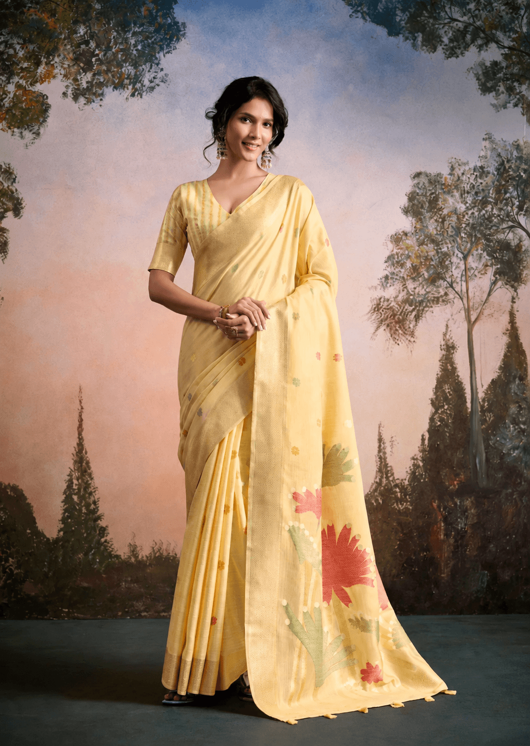 Linen Normal Drape Saree - Yellow