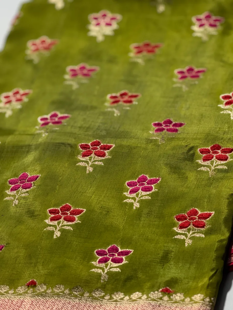 Olive Green Floral Embroidered Saree with Maroon Gold Zari Border