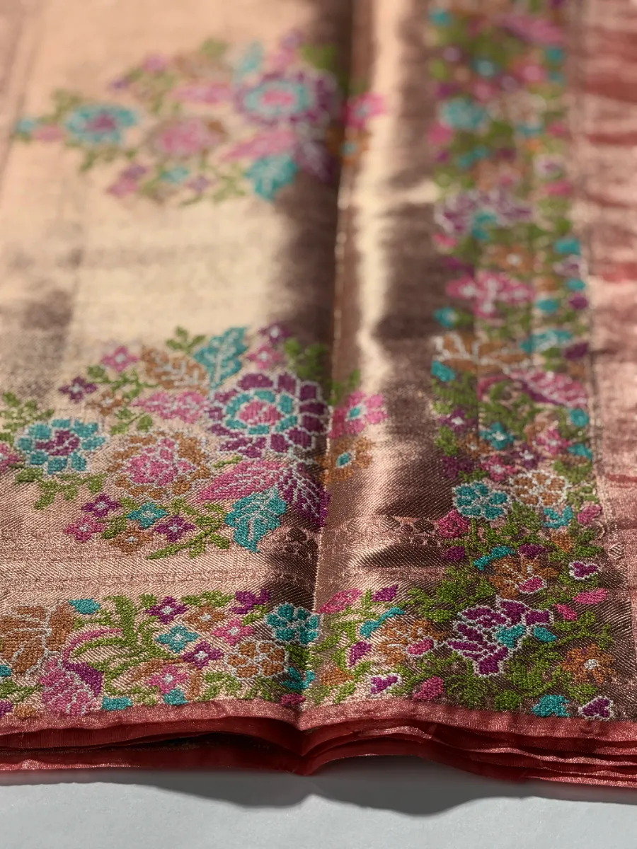 Antique Rose Gold Banarasi Saree with Multicolour Floral Border
