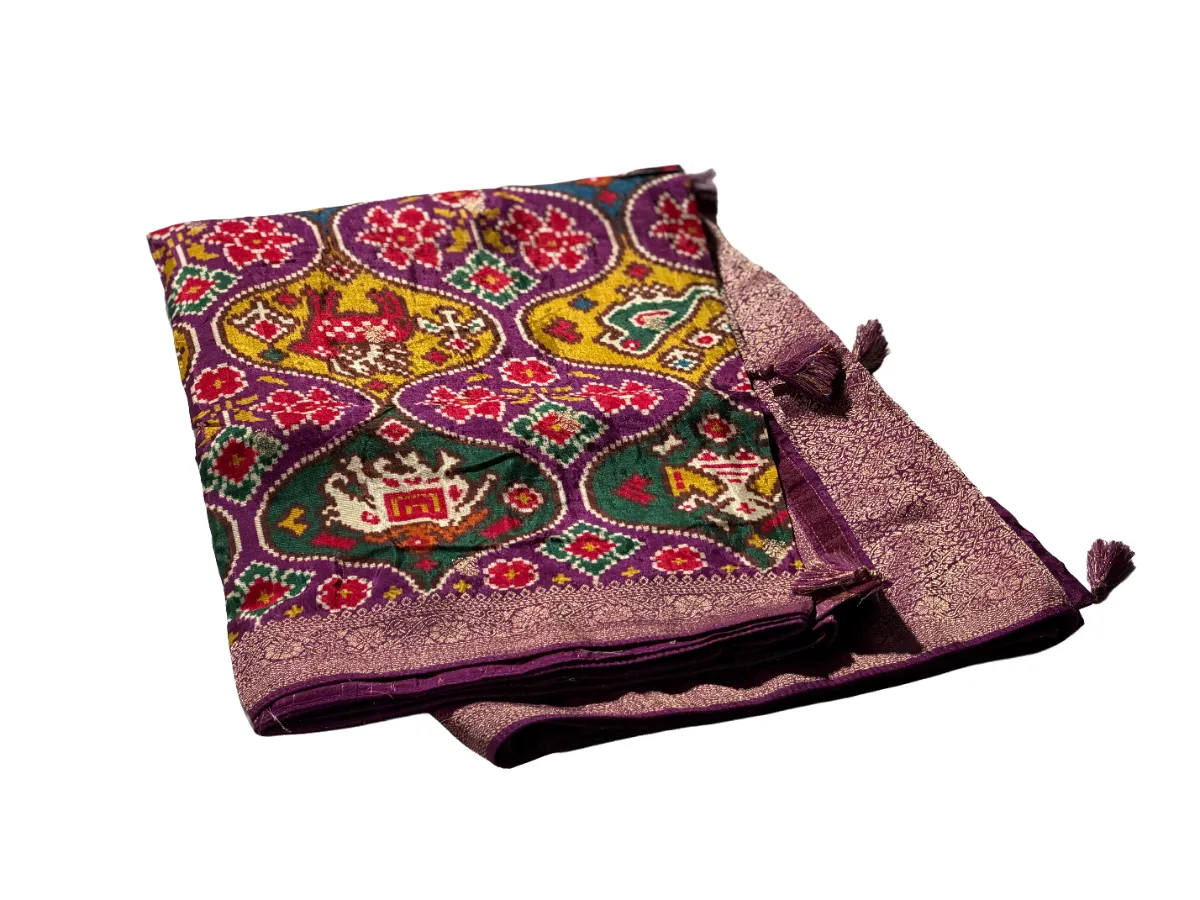 Multicolour Patola-Inspired Saree with Purple Zari Border