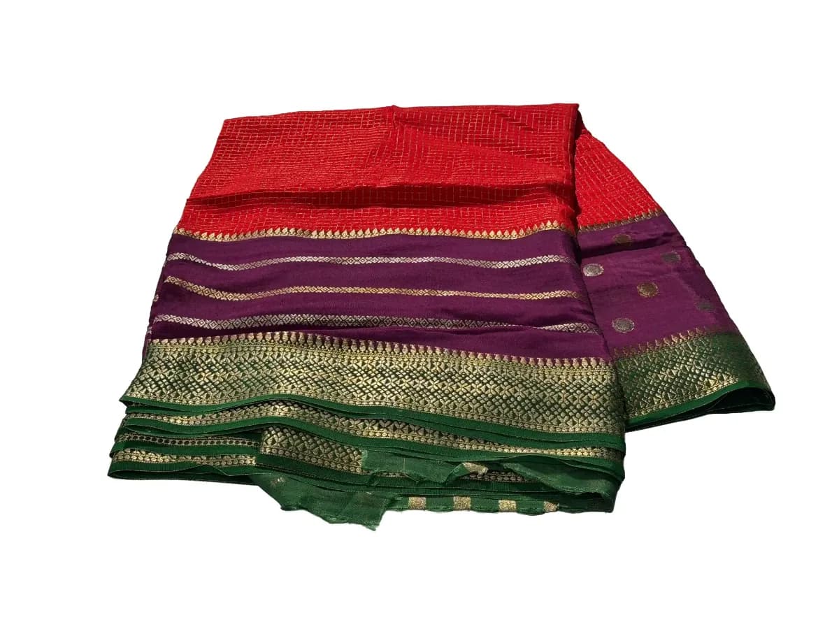 Crimson Red Purple Green Zari Border Saree