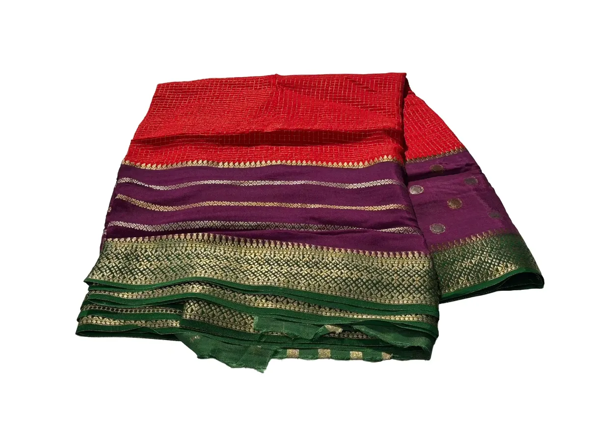 Crimson Red Purple Green Zari Border Saree